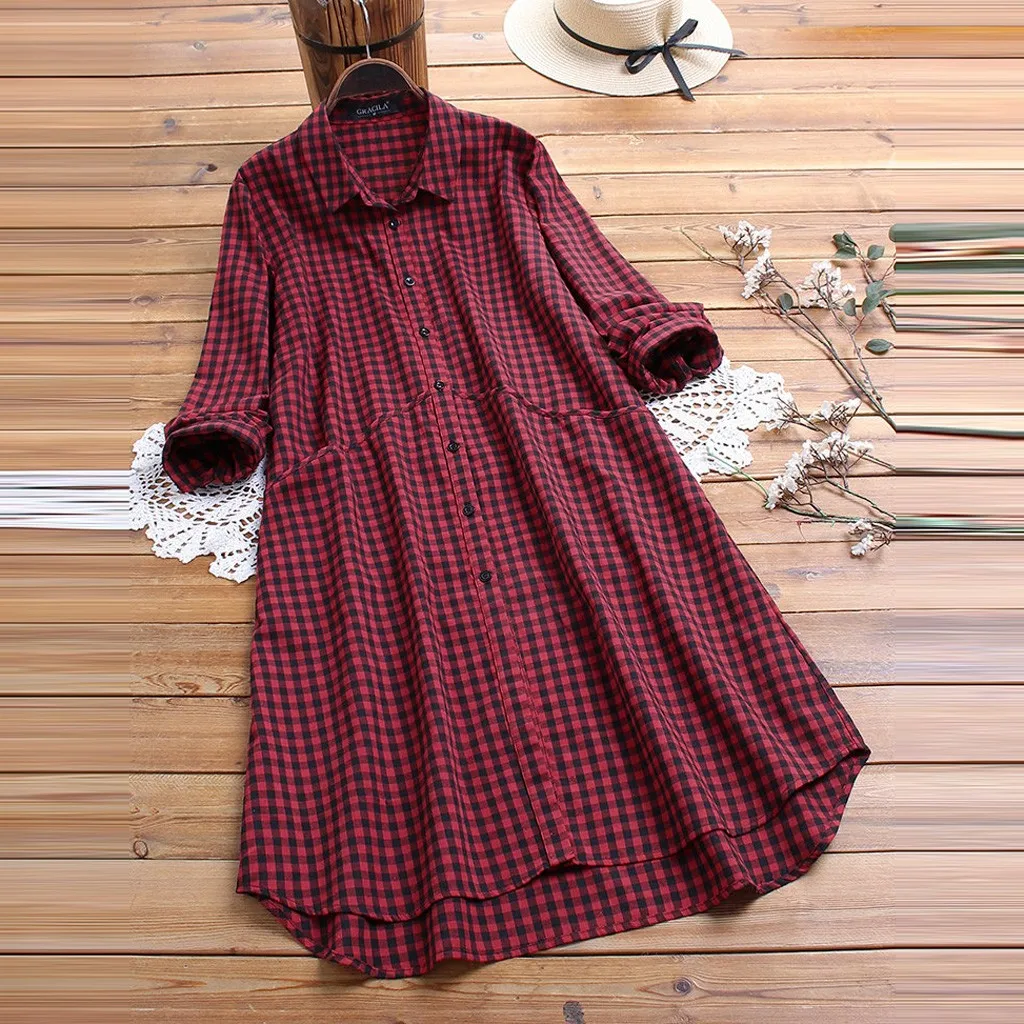 Платье 2019Top женское модное однотонное клетчатое платье с отворотом и длинным