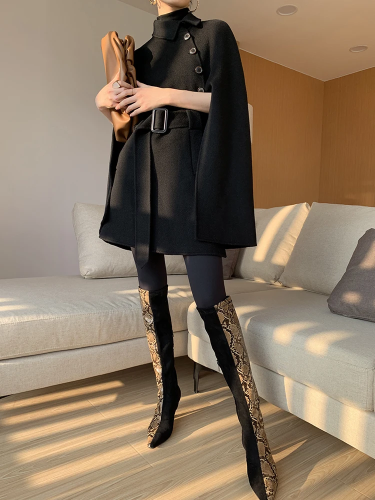 

Woolen 200%Pure Women wool Vintage Coat Black Embroidery Printed Mediaeval Cloak Retro Gothic Cape Overcoat Full Length Coat