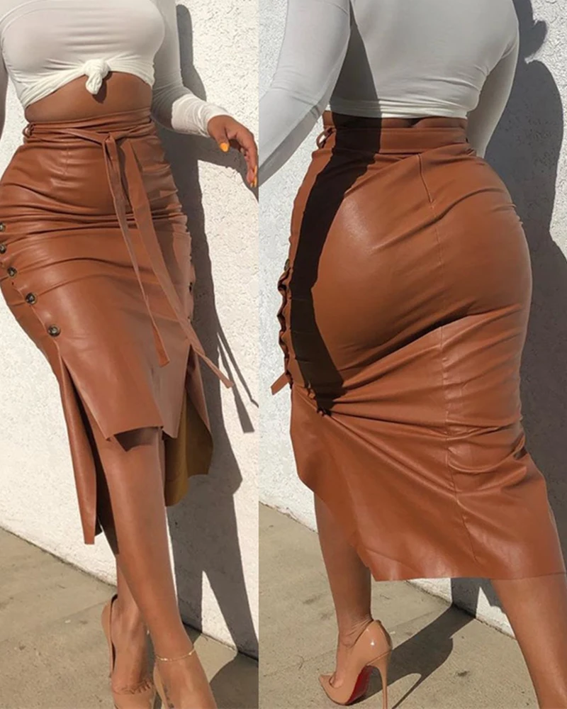 

Women Elegant Spring Autumn Solid PU Sheath Fit Chic Midi Skirt Casual Buttoned Slit PU Leather Midi Skirt