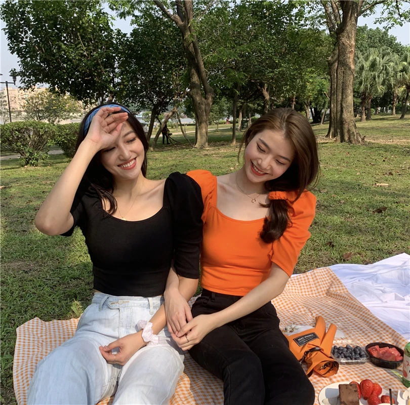 Nomikuma Women Slim Short T-shirts Puff Half Sleeve Square Collar Korean Top Tees 2020 Summer Solid Femme Basic t shirt 6A414 | Женская