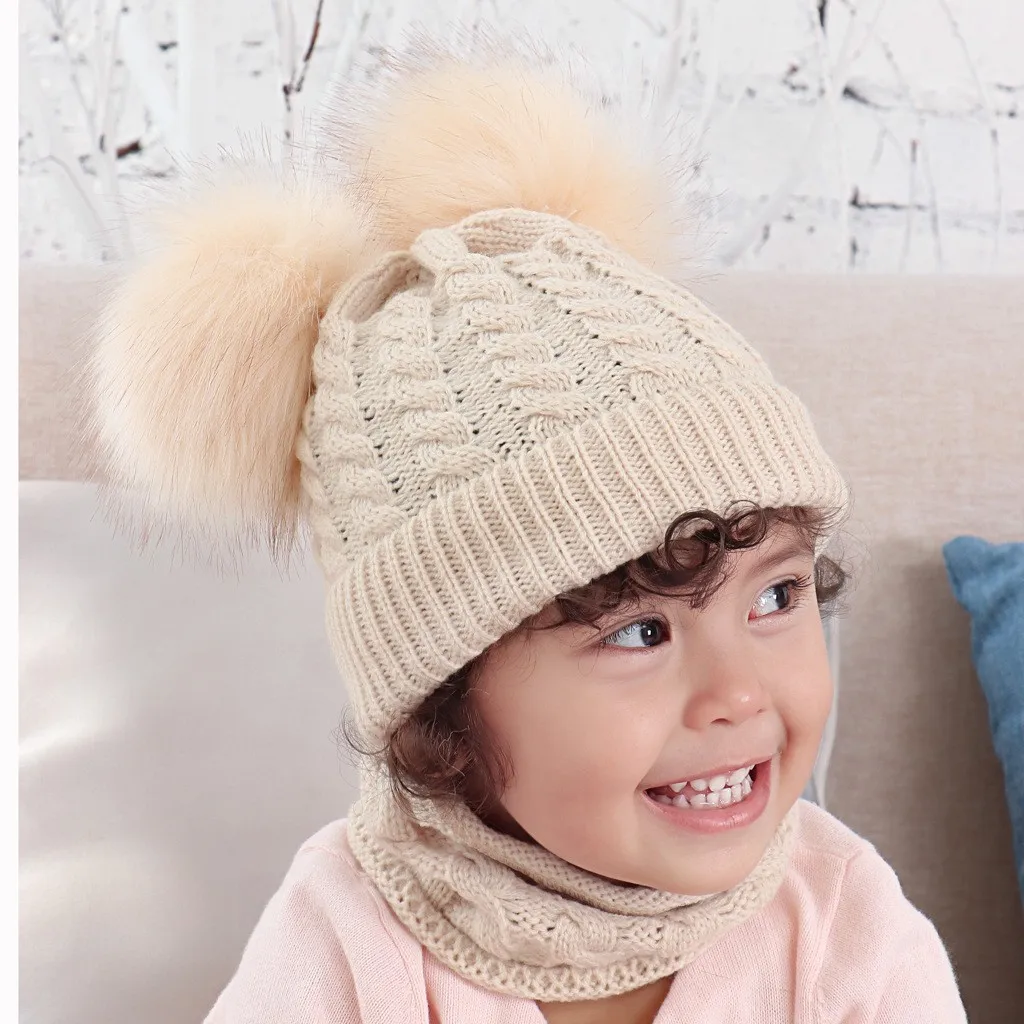 Модные зимние тёплые вязаные шапки для маленьких детей двойные шерстяные с