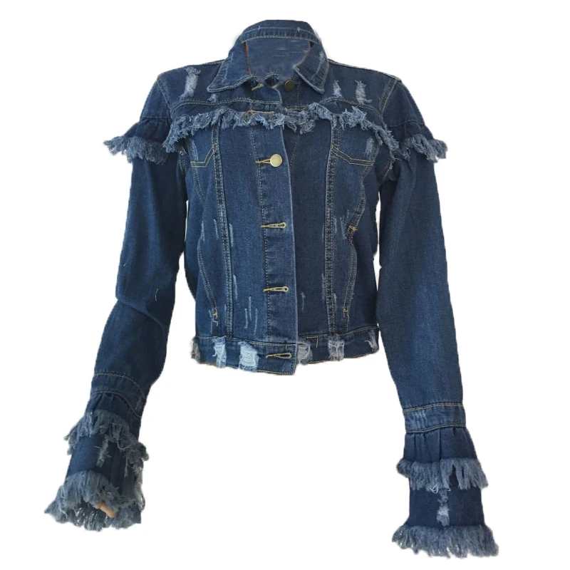 

Women Autumn Spring Tops Tassel Cascanding Ruffles Long Sleeve Denim Jackets Streetwear Jeans Coats High Street Short Pants