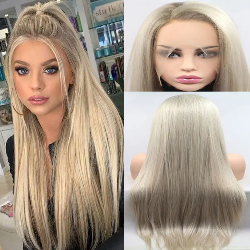 Bombshell темные корни Омбре Платина прямой синтетический парик на кружеве термостойкие волокна натуральные волосы для белых женщин парики