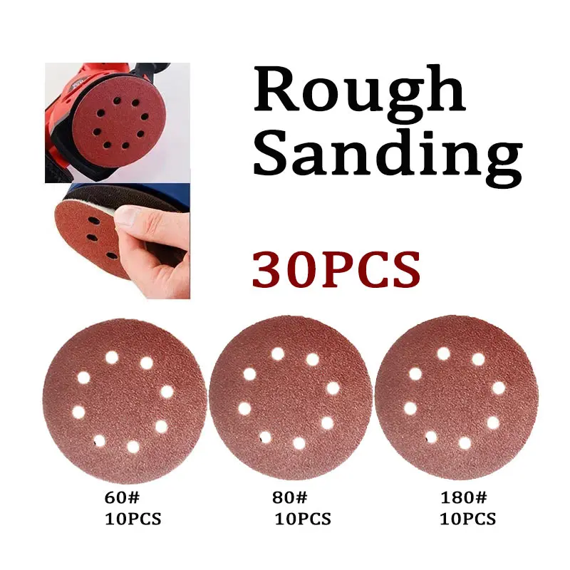 

30Pcs 5Inch Rough Sandpaper 125mm Sanding Disk Set 60-180 Hook & Loop Abrasive Sander Paper Use For Polishing Tools