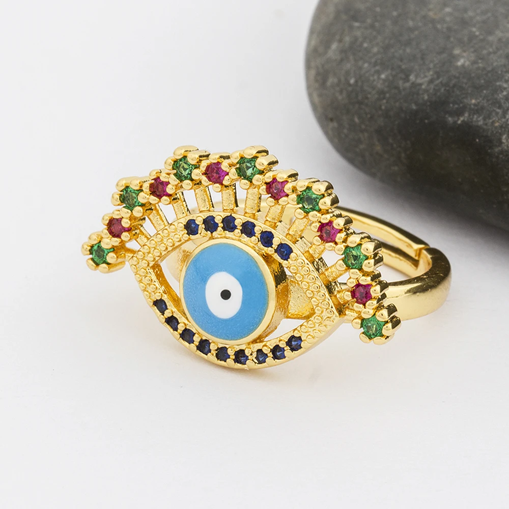 

AIBEF Hot Sale Enamel Evil Eye Adjustable Rings Rainbow Cubic Zirconia Copper Opening Resizable Ring Charm Simple Women Jewelry