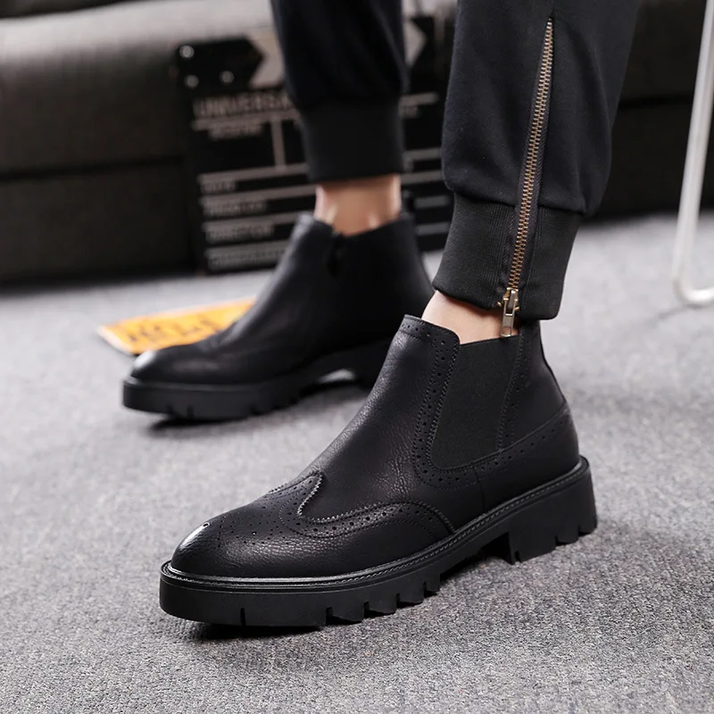 

men's boots casual business wedding formal dress cow leather brogue shoes carved bullock platform chelsea boot ankle botas male
