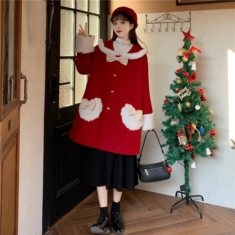 

Japanese navy collar Christmas style stitching bowknot woolen jacket women winter 2021 new thick warm cotton coat