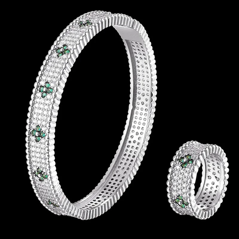 silver green Zlxgirl, роскошный бренд, простой AAA кубический циркон, браслет и кольцо, ювелирный набор, свадебный браслет, Пара подарков, Сумка - Окраска металла: silver green