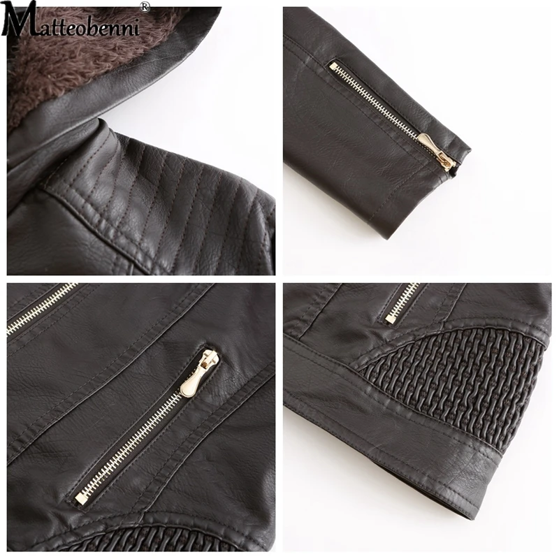 

Women Autumn Winter fashion Faux Leather Jackets with velvet Zipper Basic hooded Coat Turn-down Collar Motor Biker warm Jacket