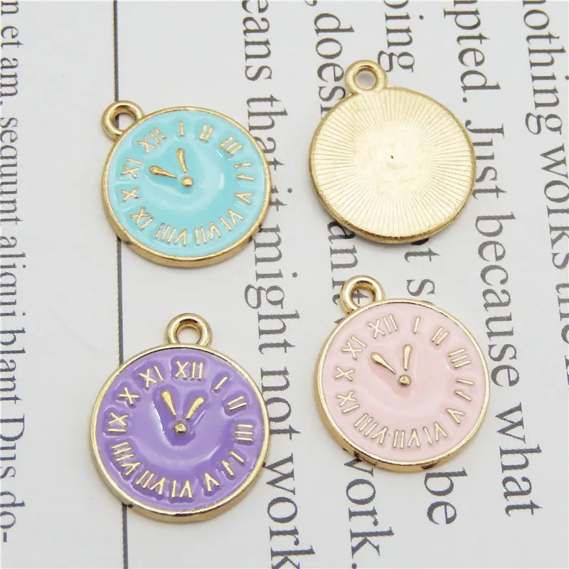 Julie Wang 15PCS Enamel Round Clock Charms Blue Pink Purple Gold Tone Clocks Bracelet Earrings Alloy Jewelry Making Accessory | Украшения и