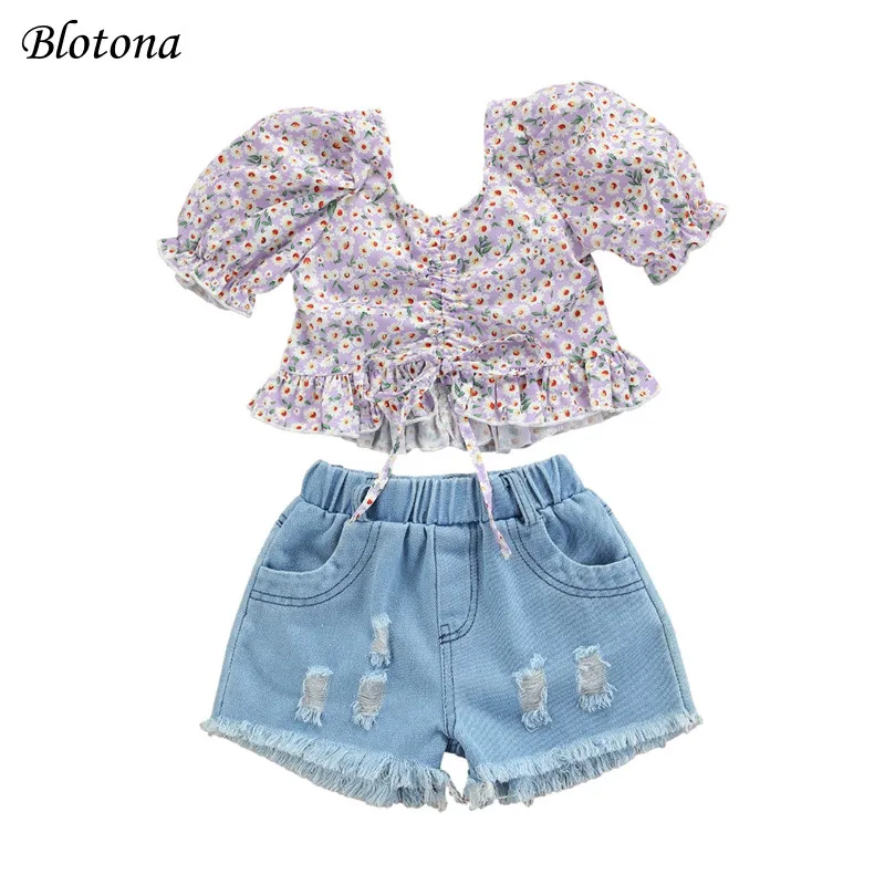 

Blotona Girls Summer Set Fashion Floral Short Sleeve Ruffles V-Neck Tops and Solid Color Ripped Denim Short Pants 1-7Years