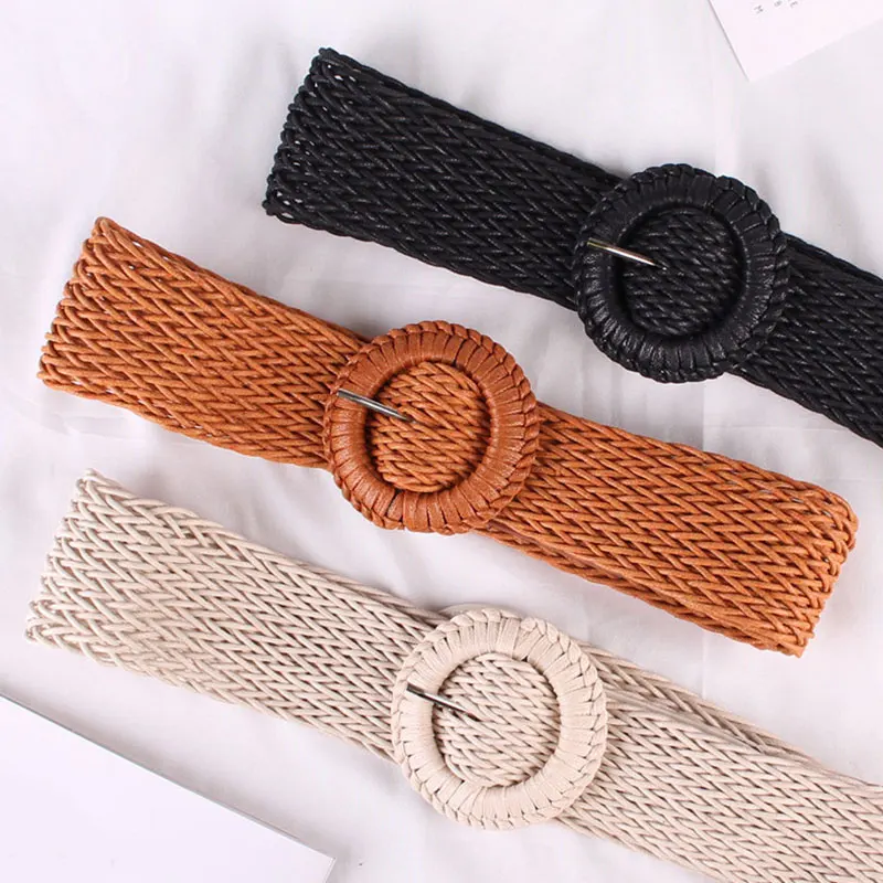 

Ethnic Vintage Boho Braided Waist Belt Summer Solid Color Female Belt Round Smooth Buckle Wide Belts Women Dress Accessories
