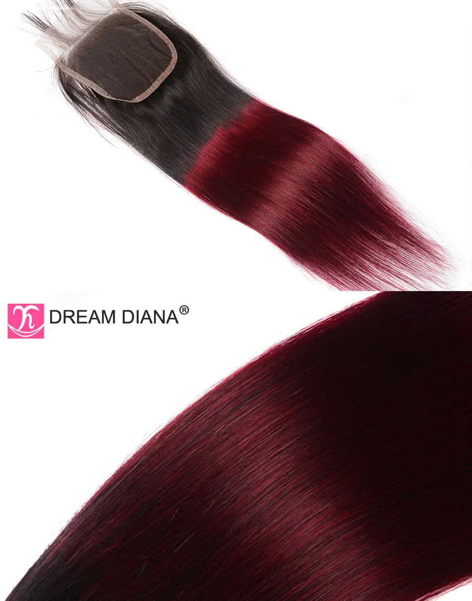 DreamDiana Омбре бразильские прямые волосы с закрытием 1"-26" L красное вино Ombre 1B 99J Remy человеческие волосы пучки с кружевом