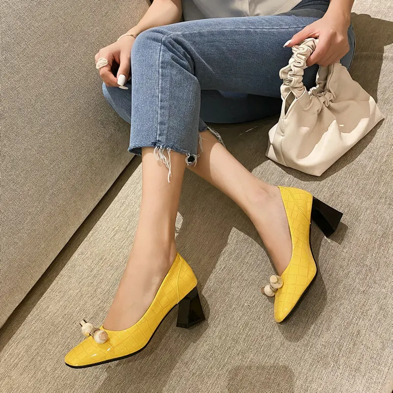

2021 summer simple square toe party wedding shoes woman fashion women pumps patent leather shallow high heels ladies shoes