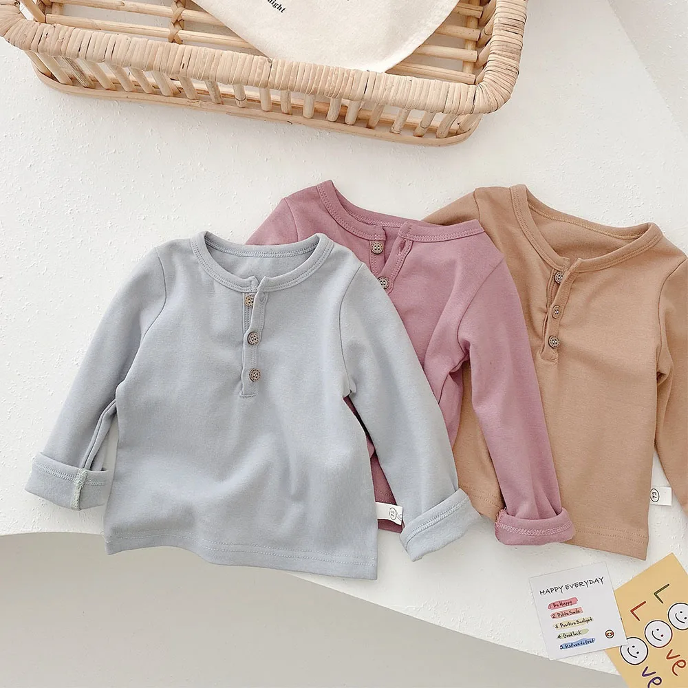 

Хлопковая футболка для малышей, однотонные Топы с длинным рукавом для маленьких девочек и мальчиков, модная демисезонная эксклюзивная детс...