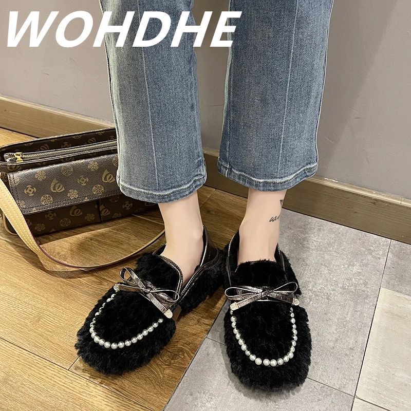 

Женские зимние однотонные туфли WOHDHE 2021, лоферы, женская теплая однотонная обувь без застежек с круглым носком и бантом-бабочкой