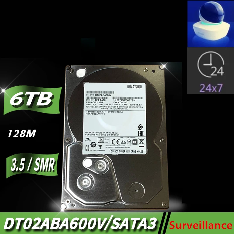 

New HDD For Toshiba 6TB 3.5" SATA 6 Gb/s 128MB 5400RPM For Internal Hard Disk For Monitoring HDD For DT02ABA600V