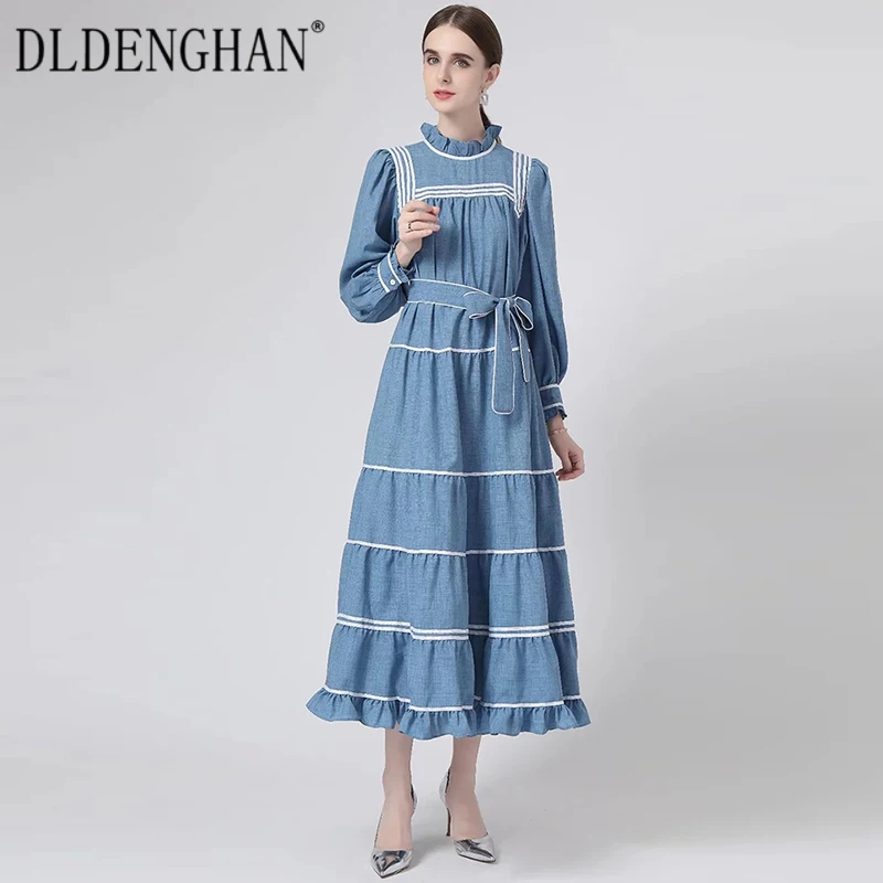 

Модное дизайнерское осеннее свободное платье DLDENGHAN, женские винтажные длинные платья в полоску с воротником-стойкой, рукавами-фонариками и ...