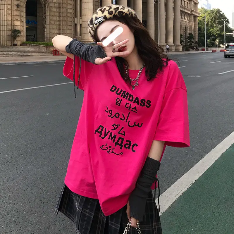 

Kpop Loose Summer Streetwear T Shirt Women Harajuku Punk Short Sleeves Loose Tops Hip Hop Y2K Dark Letter Print Cotton Clothes