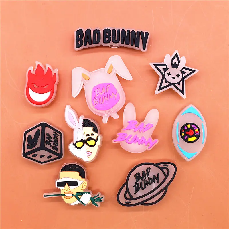 Luminous Bad Bunny Style Shoe Charms Accessories Planet Dice Eye Rabbit Man Shoe Buckle Decorations fit Kids X-mas Party Gifts