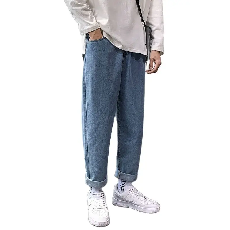 2021new HK style straight jeans men's youth loose casual male student wide leg men's pants Straight FULL Length pencil pants