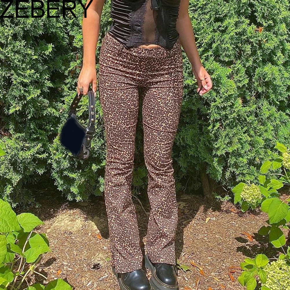 

ZEBERY Vintage Leopard Print Aesthetic Straight Pants Women High Waist Harajuku Y2K Pants Streetwear Split Trousers 90s