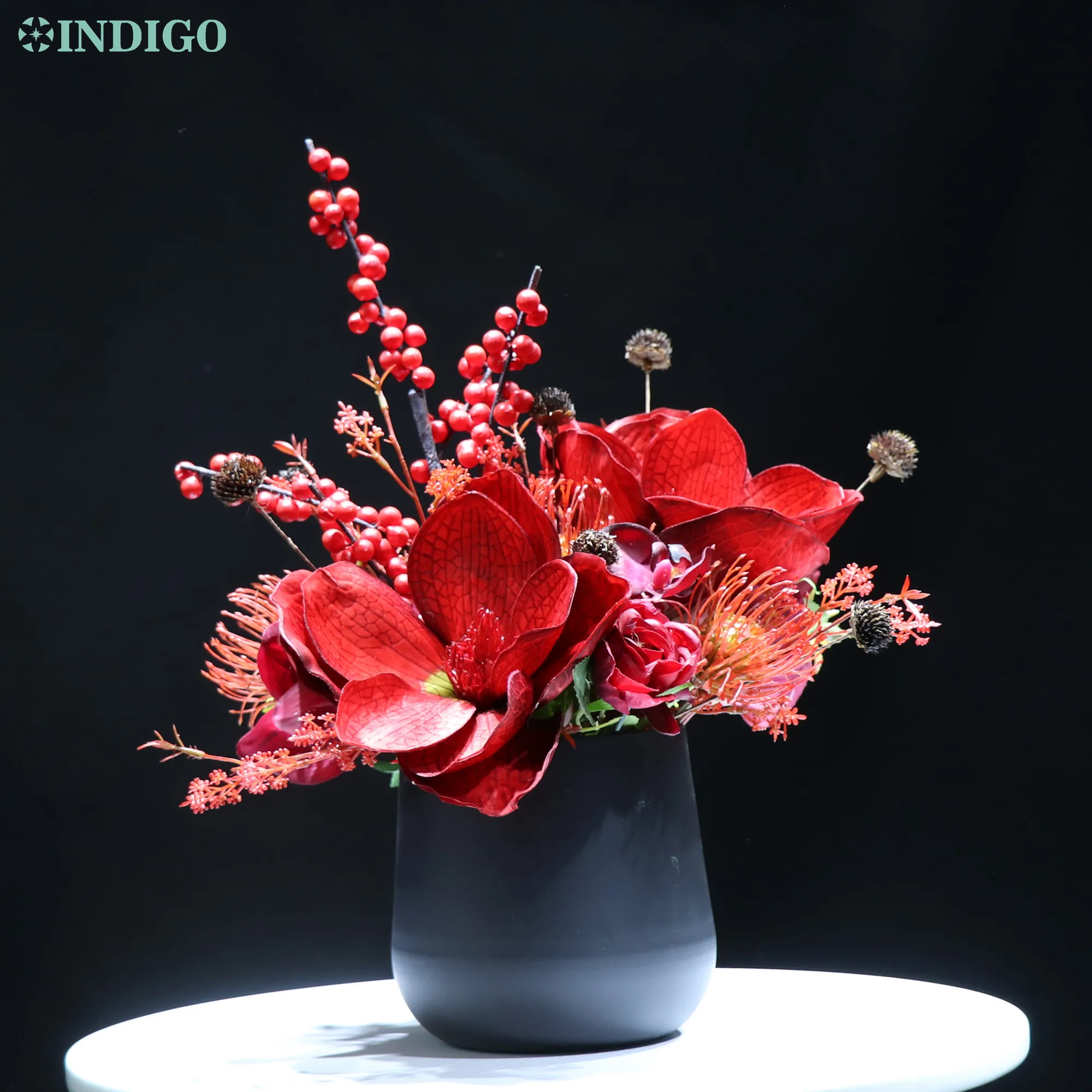 

Китайский Новый год Стиль красный Георгин Цветочная композиция (1 набор с металлической ваза) Магнолия искусственный цветок украшения офис...
