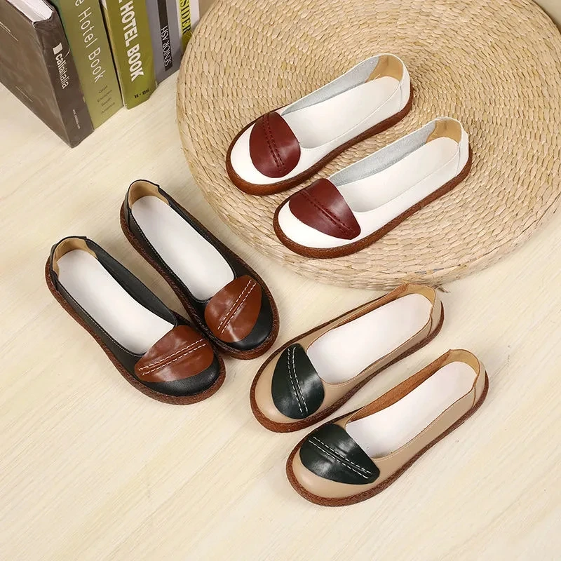 

Round Toe Stitching Leaf Flats Women's Loafers Summer Slip Ons Female Shoes Ladies Designer Leather Loafers Shallow Shoes Woman