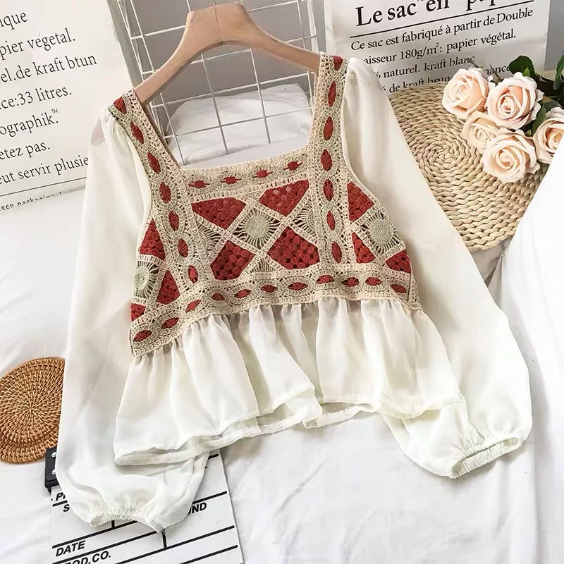 

New Fashion Chiffon Blusas Femininas 2021 Summer Women Hollow out Embroidery Lace Bohemian Blouse White Slim Tops Shirts