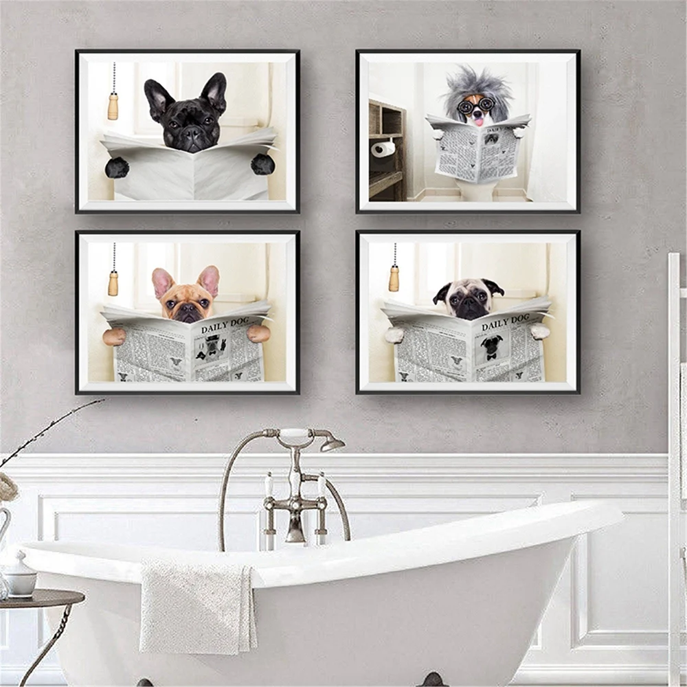 

Dog Reading Newspaper Toilet Wall Art Canvas Poster Prints Funny Dog Painting Wall Picture Home Bathroom Decor Dogs Lover Gift