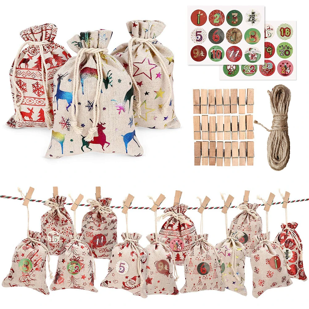

24Pcs/lot Christmas Advent Calendar Filling Candy Linen Bags Handles Gift Packaging Party Favor Candy Bags