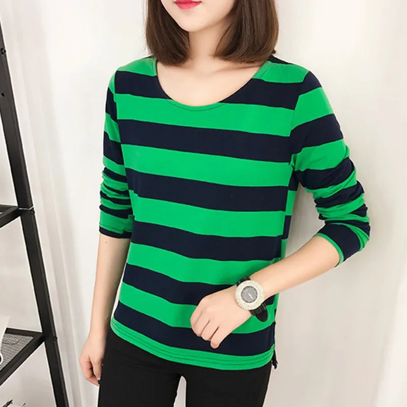 

Fashion Loose Long-sleeved T-shirt Casual Round Neck Striped Color Matching Women T-shirts Hot Sale