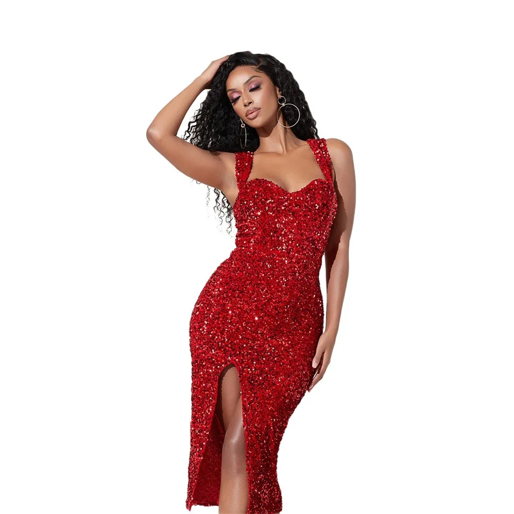 

Women New Fashion Elegant Sleeveless Slit Sexy Dress Party Outfits Sequin Tight Hip Strap Dress Bodycon Solid Female Clothing