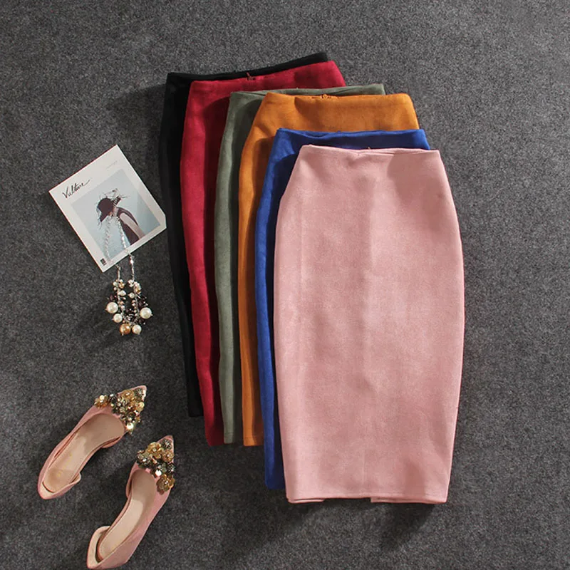 Новинка Женская замшевая юбка карандаш с высокой талией облегающая открытой