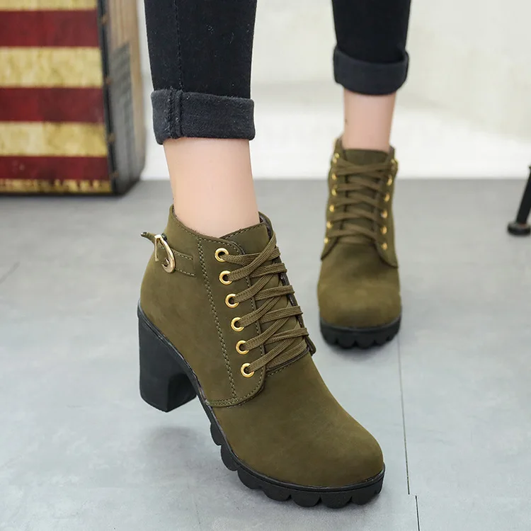 

Boots Women Shoes Women Fashion High Heel Lace Up Ankle Boots Ladies Buckle Platform Artificial Leather Shoes bota feminina