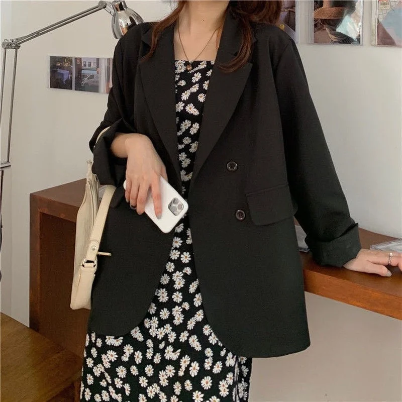 

Korean Fashion Casual Office Blazer Chic Commute Suit Business OL Jacket 2021 Preppy Style Streetwear Solid Colors Jackets Black