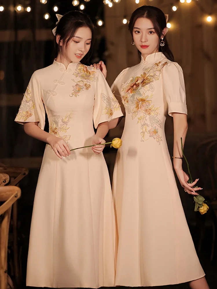 Bridesmaid Dress Chinese Cheongsam Retro Elegant Autumn and Winter Champagne Daily Style | Дом и сад