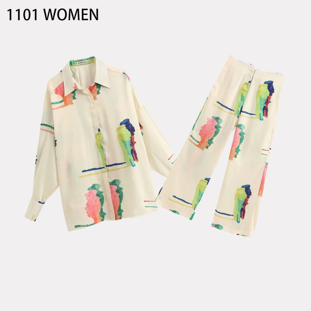 Женский комплект из 2 предметов блузка с длинным рукавом и разноцветным принтом