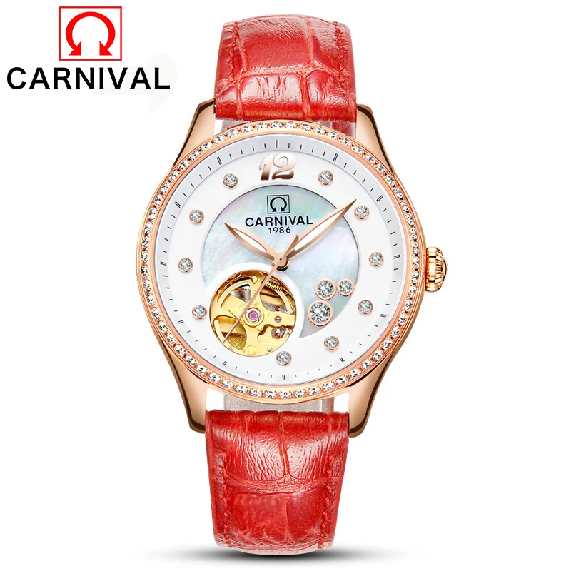 CARNIVAL Brand Fashion Rose Gold Watches For Women Fashion Mechanical Watches Waterproof Luminous Hollow Clock Relogio Feminino