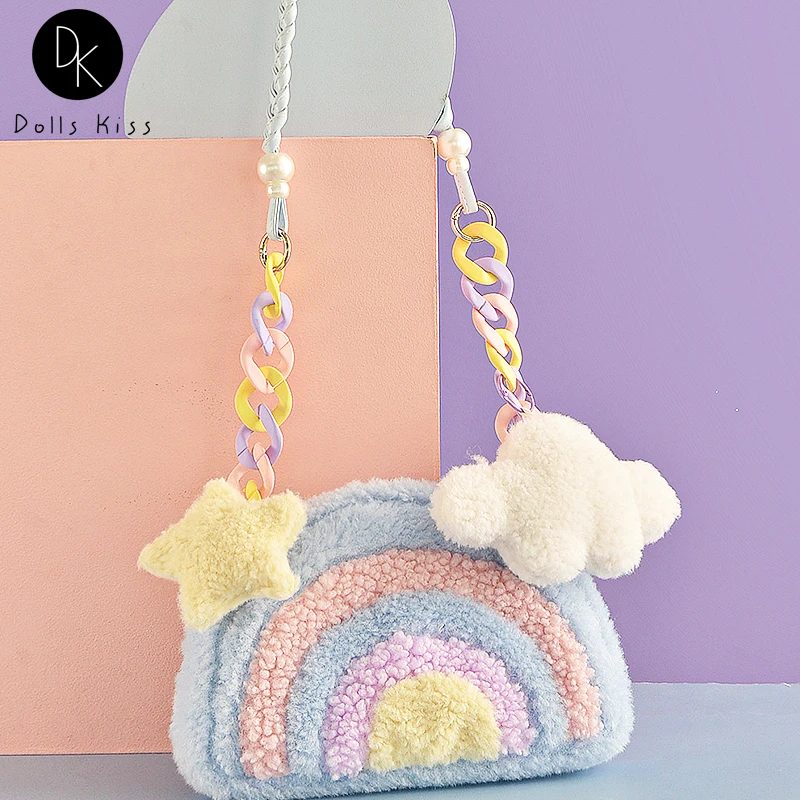 

Rainbow Plush Women Handbag Colorful Sweet Kawaii Girls Messenger Bag Niche Design Shoulder Bag Cute Pearl Chain Ladies Purses