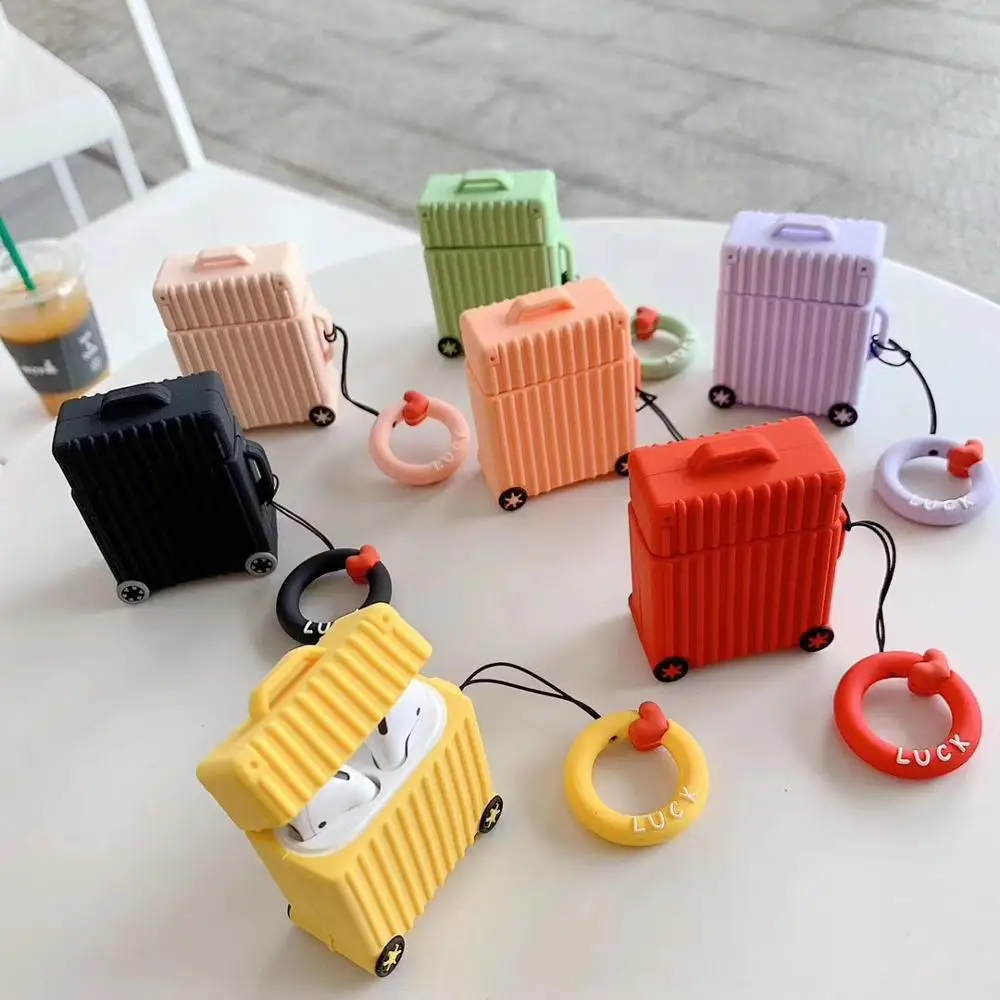 

Cute 3D funny candy Macaron suitcase lanyard protection Silicone Headphone Earphone Case For Airpods Accessories bag box