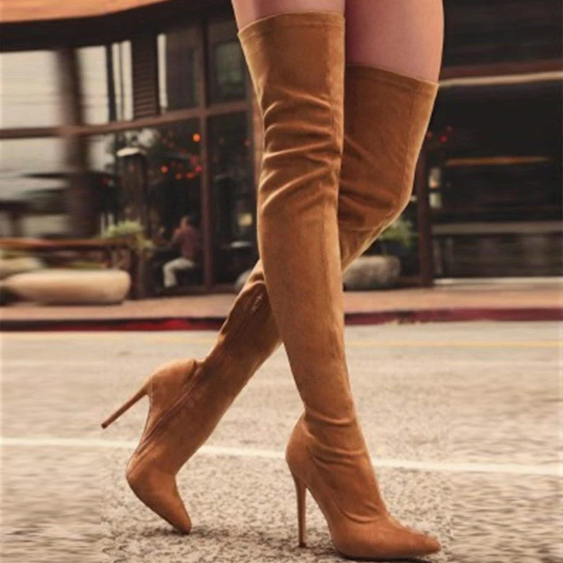 

2021 Winter Stretch Boots Suede High Heels Pointed Thigh High Boots Black Blue Red Zipper Over The Knee Boots Sexy Women Shoes
