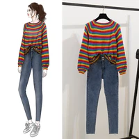 rainbow striped sweater female autumn korean fashion women 2 pcs sets loose coat tight elastic high waist jeans two piece outfit