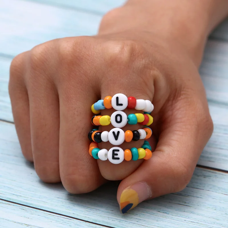 

4pcs/Set Love Geometric Elastic Rings for Women Couple Loose Spacer Beads Ring Multicolor Fashion DIY Jewelry Party Gifts