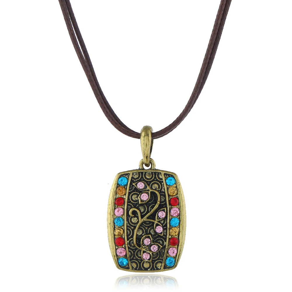 Boho Ethnic Necklace 2020 New Fashion Bohemian Vintage Geometric Square Carved Flowers Rhinestones Leather Rope Pendant | Украшения и