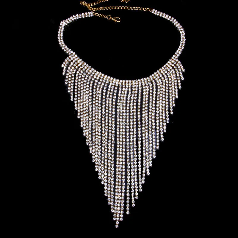 

Bohemian Geometric Crystal Ethnic Long Tassel Choker Necklace Rhinestone Jewelry for Women Statement Necklace Collar