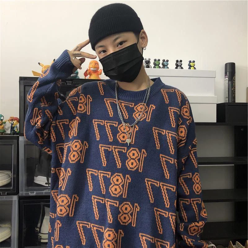 Осенне зимний мужской свитер Корейская версия ins тренд Ретро цифровой