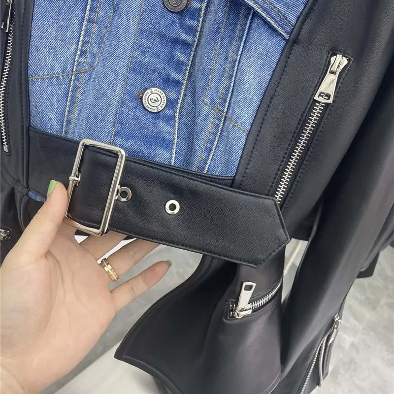 Runway Designer Sheepskin Genuine Leather Jacket Women Fashion Luxury Autumn Coats Patchwork Denim Real Leather Outwear Clothing