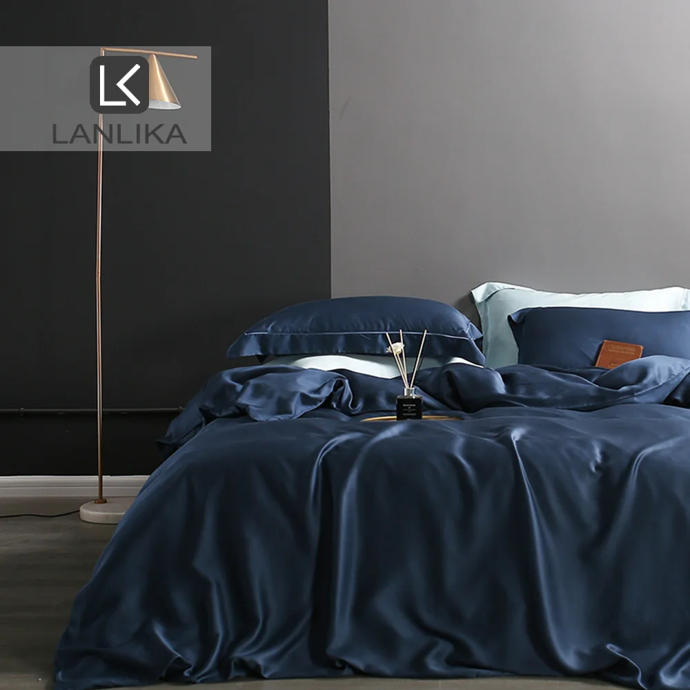 Lanlika 100% шелк Комплект постельного белья 25 Momme синий роскошный шелковистый