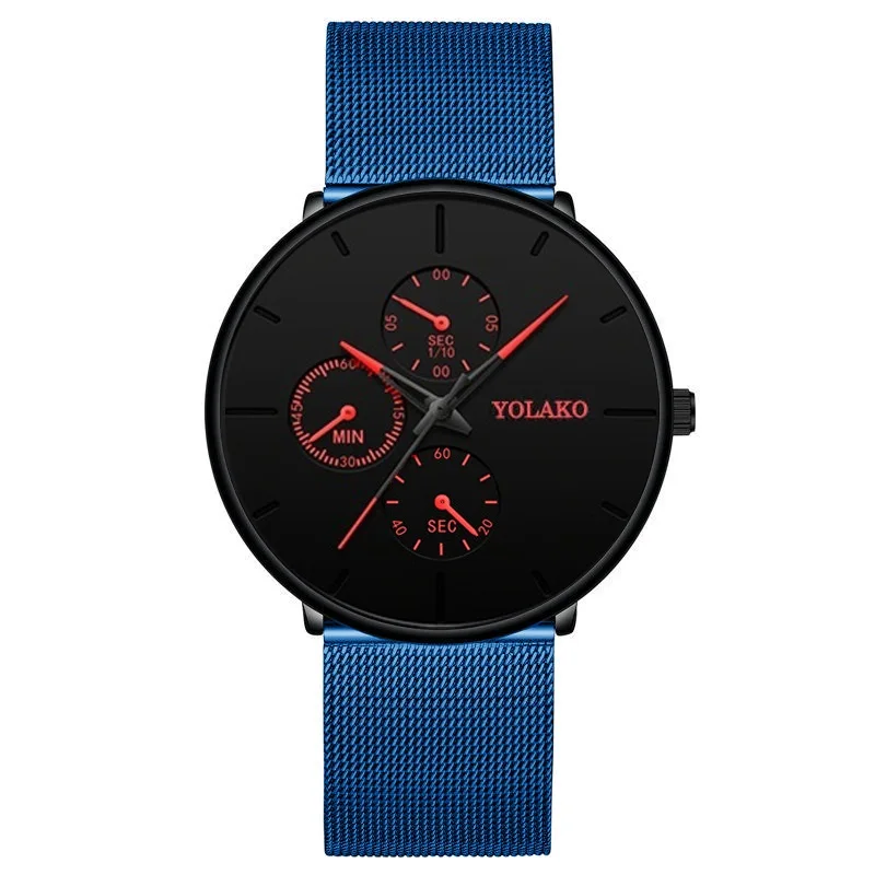Blue Red Модные мужские деловые черные часы Роскошные из нержавеющей стали ультра тонкий сетчатый ремень кварцевые мужские наручные часы Повседневные Классические мужские часы - Цвет: Blue Red